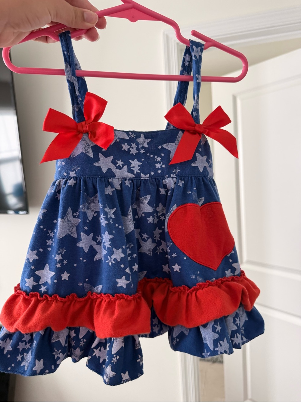 Navy Star Print Toddler Dress with Red Heart & Bows